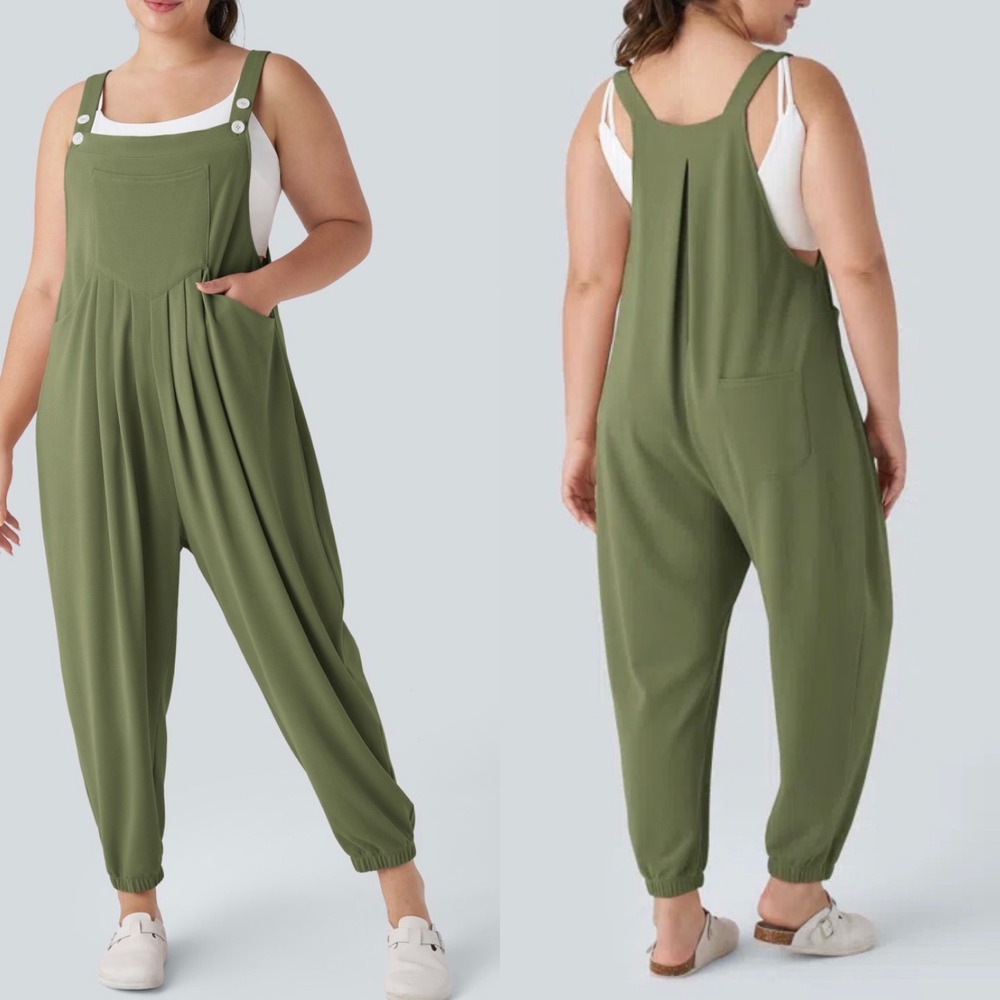 Halara Size XL Pockets Waffle Casual Plus Size Jogger Overalls Green Loose Fit
